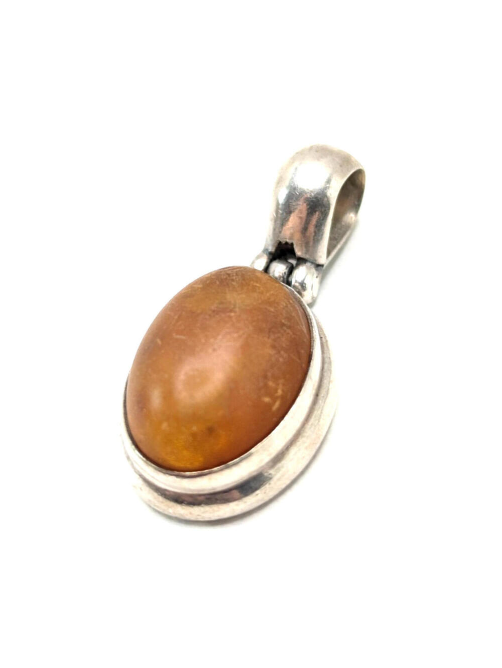 Sterling Silver 925 Oval Amber Stone Pendant Vintage Honey Brown Cabochon 6.1g